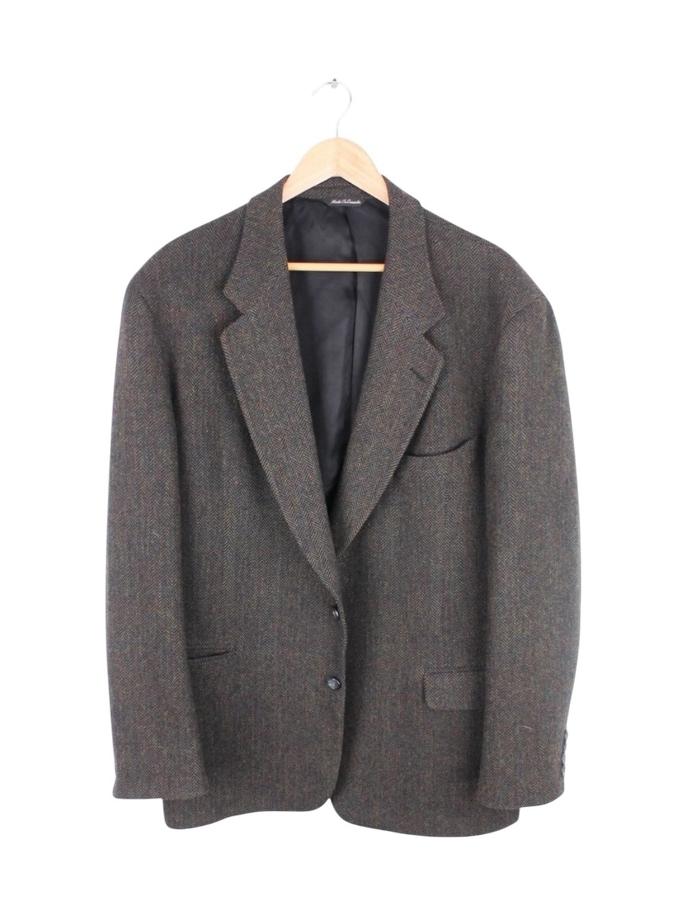 Vintage Alan Flusser‎ Herringbone Wool Sport Coat Blazer Brown Green Size 46L
